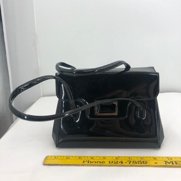 Vintage Lewis Women Handbag Purse Shiny Patent Leather 3 Compartment Black OS - Picture 4 of 13